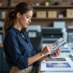 Femme professionnelle examinant des échantillons d'impression en atelier