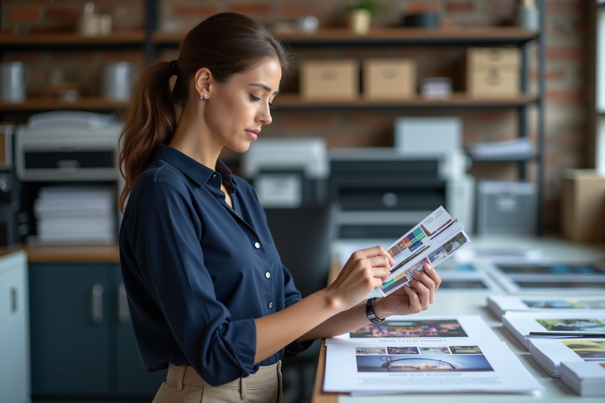 Femme professionnelle examinant des échantillons d'impression en atelier