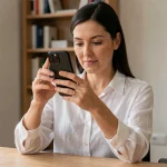 Femme inspectant un iPhone 12 reconditionné grade A en détail, vérifiant l'état de l'écran et du châssis