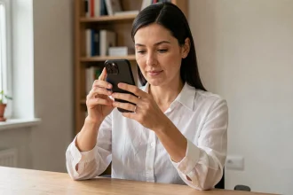 Femme inspectant un iPhone 12 reconditionné grade A en détail, vérifiant l'état de l'écran et du châssis