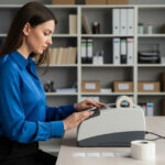 Femme en blouse bleue utilisant une imprimante à codes barres