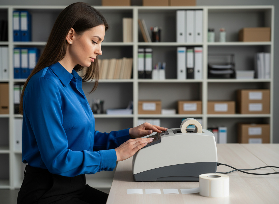 Femme en blouse bleue utilisant une imprimante à codes barres