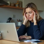 Femme d'âge moyen regarde son ordinateur avec frustration à la maison