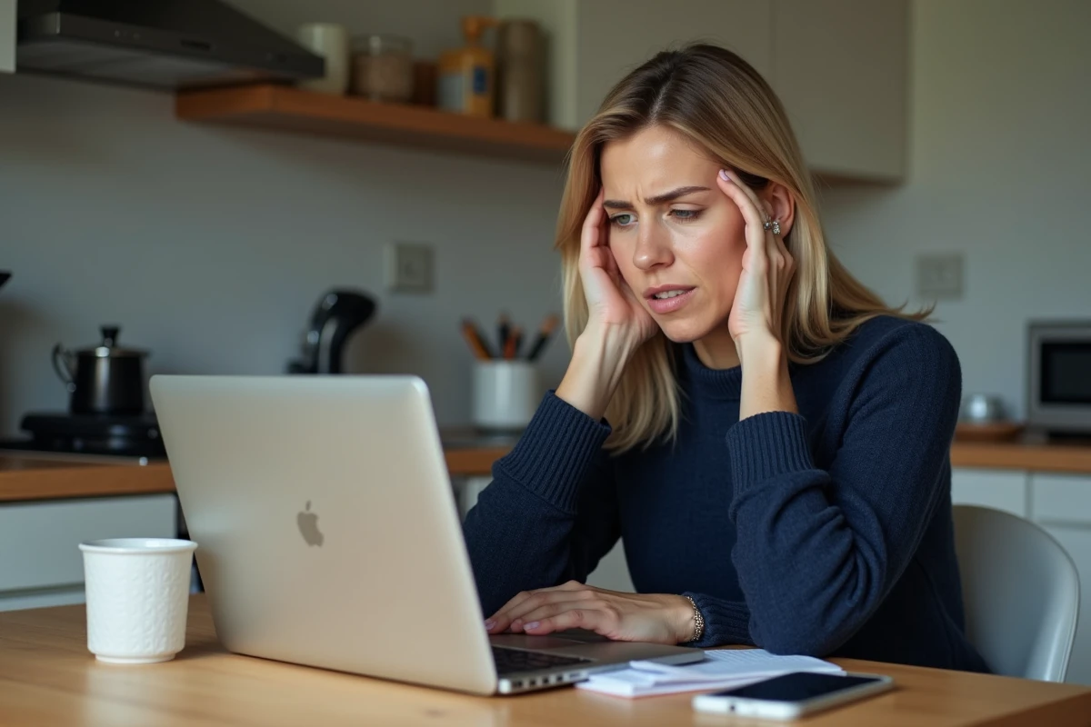 Femme d'âge moyen regarde son ordinateur avec frustration à la maison