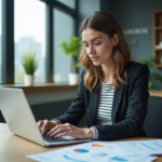 Femme concentrée travaillant sur stratégie SEO dans un bureau moderne