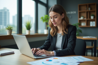 Femme concentrée travaillant sur stratégie SEO dans un bureau moderne