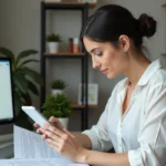 Femme en bureau organisé utilisant smartphone et document