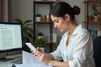 Femme en bureau organisé utilisant smartphone et document