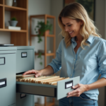 Femme organisée dans un bureau à domicile avec dossiers colorés