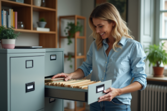 Femme organisée dans un bureau à domicile avec dossiers colorés