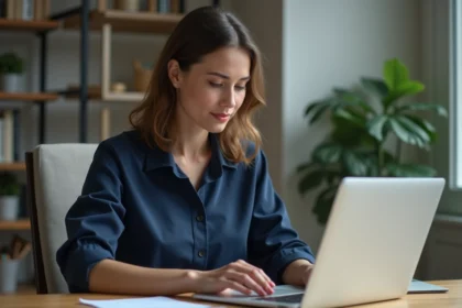 Femme organisée travaillant sur son ordinateur à domicile