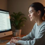 Femme organisant ses emails dans une interface webmail sur un ordinateur de bureau dans un bureau à domicile ordonné