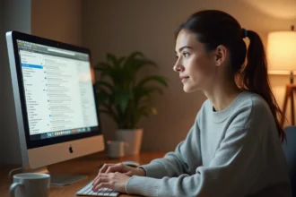 Femme organisant ses emails dans une interface webmail sur un ordinateur de bureau dans un bureau à domicile ordonné