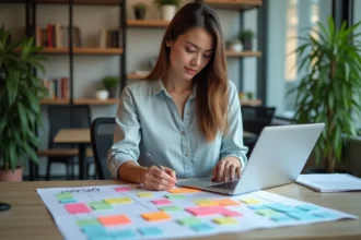 Femme organisée travaillant sur une mind map SEO