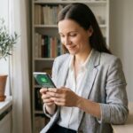 Femme utilisant un lien de paiement sur smartphone dans un bureau à domicile moderne