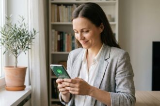 Femme utilisant un lien de paiement sur smartphone dans un bureau à domicile moderne
