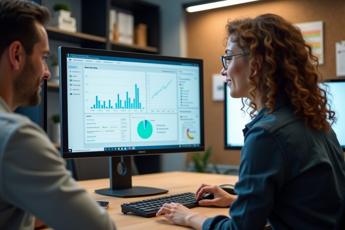 Femme présentant des outils SEO à un collègue