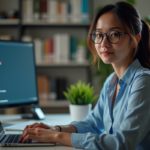 Jeune femme professionnelle travaillant sur un ordinateur dans un bureau lumineux