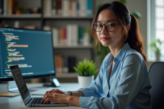 Jeune femme professionnelle travaillant sur un ordinateur dans un bureau lumineux