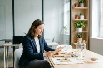 Femme professionnelle examinant des objets eco-responsables
