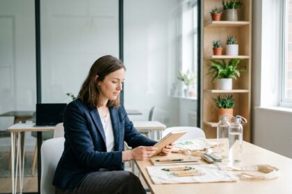 Femme professionnelle examinant des objets eco-responsables