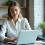 Femme professionnelle en bureau moderne avec ordinateur portable