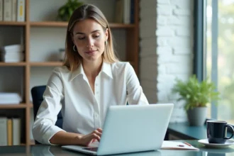 Femme professionnelle en bureau moderne avec ordinateur portable