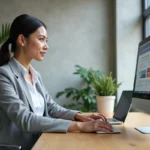Femme professionnelle créant un tableau moderne dans Microsoft Word sur un grand écran de bureau en 2026