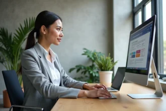 Femme professionnelle créant un tableau moderne dans Microsoft Word sur un grand écran de bureau en 2026