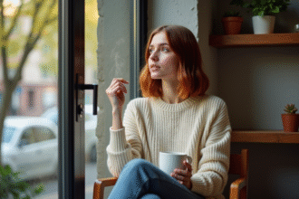 Jeune femme contemplant la rue depuis une fenêtre lumineuse