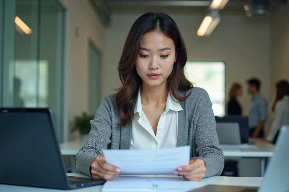 Jeune femme examinant des documents dans une salle de réunion professionnelle