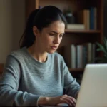 Femme adulte consultant des résultats de recherche Google sur un ordinateur portable, illustrant les paramètres de filtre SafeSearch