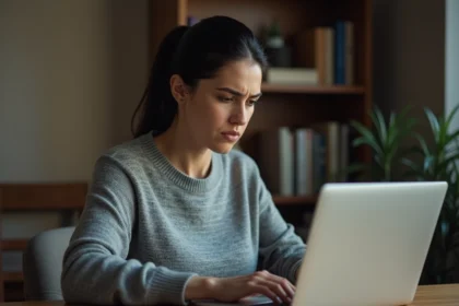 Femme adulte consultant des résultats de recherche Google sur un ordinateur portable, illustrant les paramètres de filtre SafeSearch