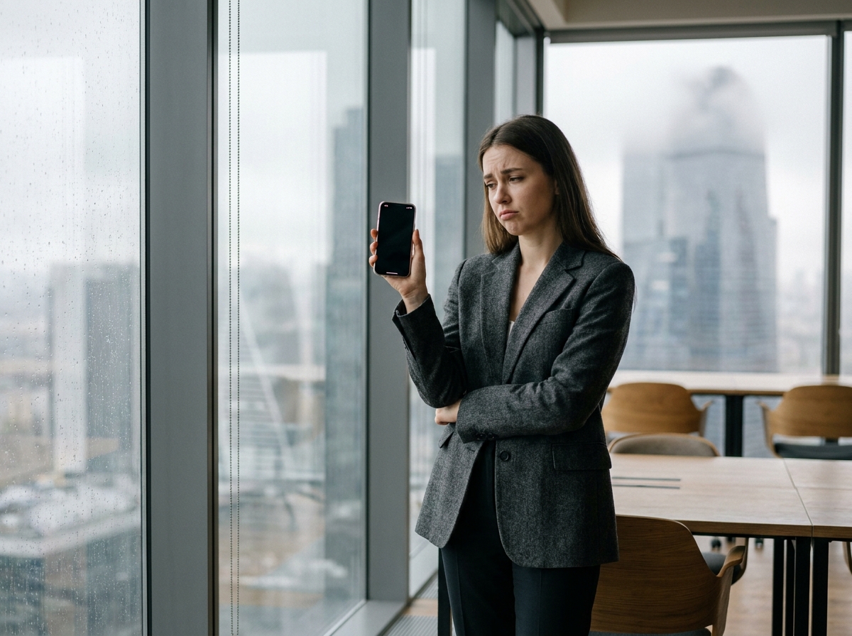 Femme vérifiant la réception de son téléphone mobile près d'une fenêtre dans un espace de coworking avec une mauvaise couverture réseau intérieure