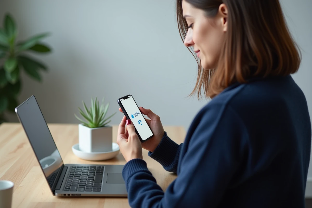 Femme cherchant la clé de sécurité Wi-Fi sur son smartphone face à sa box fibre