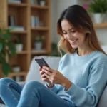 Femme souriante avec smartphone dans un salon cosy