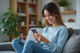 Femme souriante avec smartphone dans un salon cosy