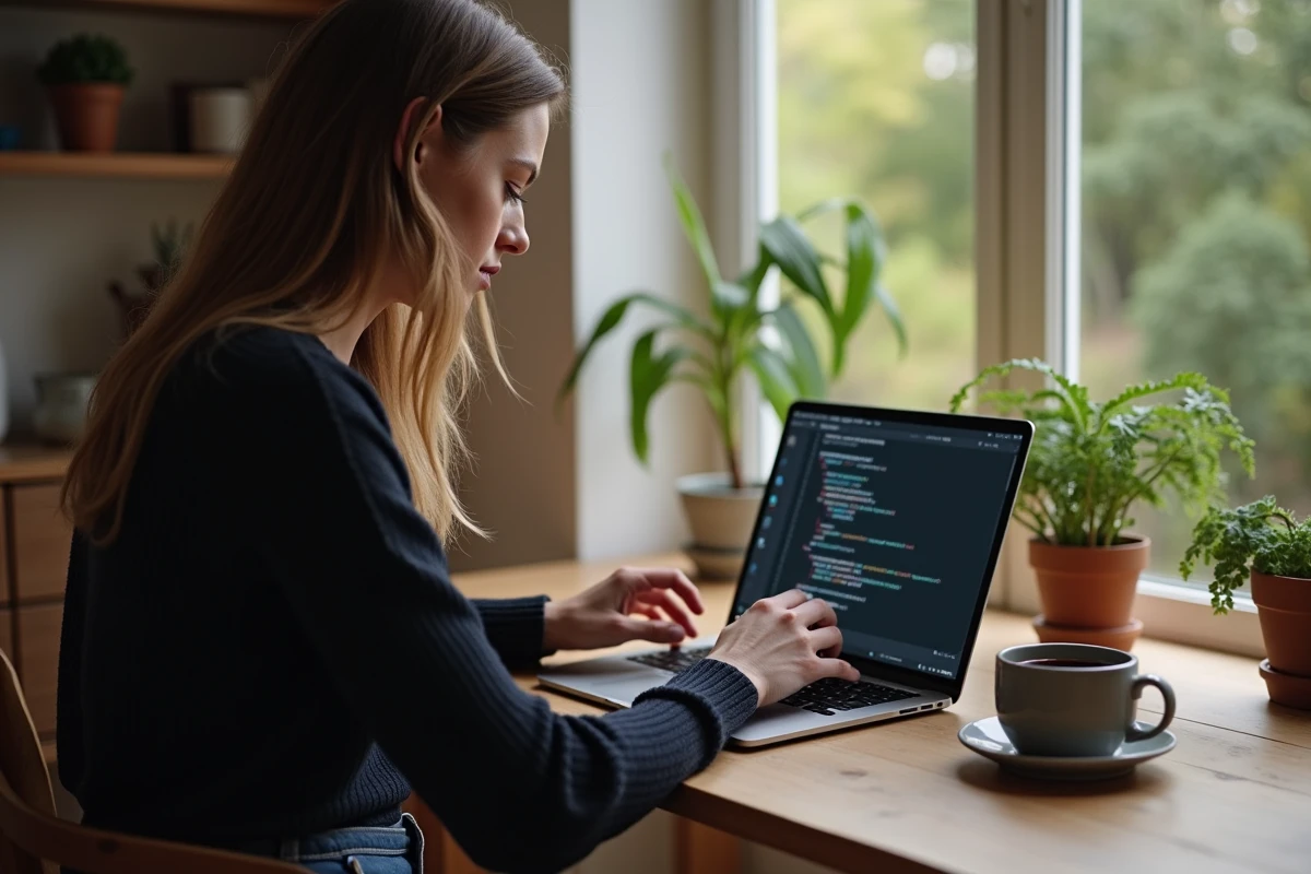 Femme utilisant une tablette pour coder en Python à la maison