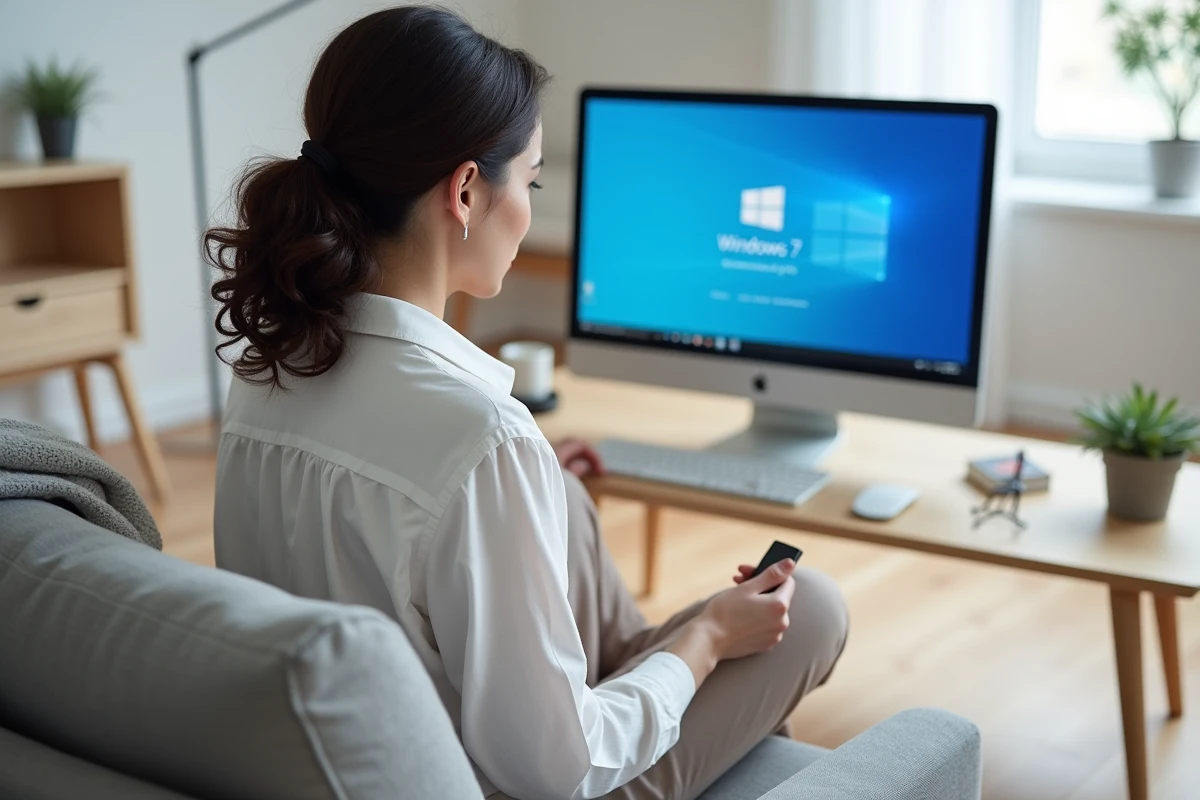 Femme téléchargeant Windows 7 depuis une page alternative fiable sur son ordinateur de bureau
