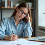 Jeune femme concentrée au bureau avec documents et ordinateur
