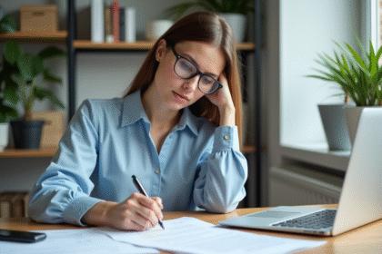 Jeune femme concentrée au bureau avec documents et ordinateur