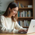 Jeune femme concentrée travaillant sur son ordinateur à la maison