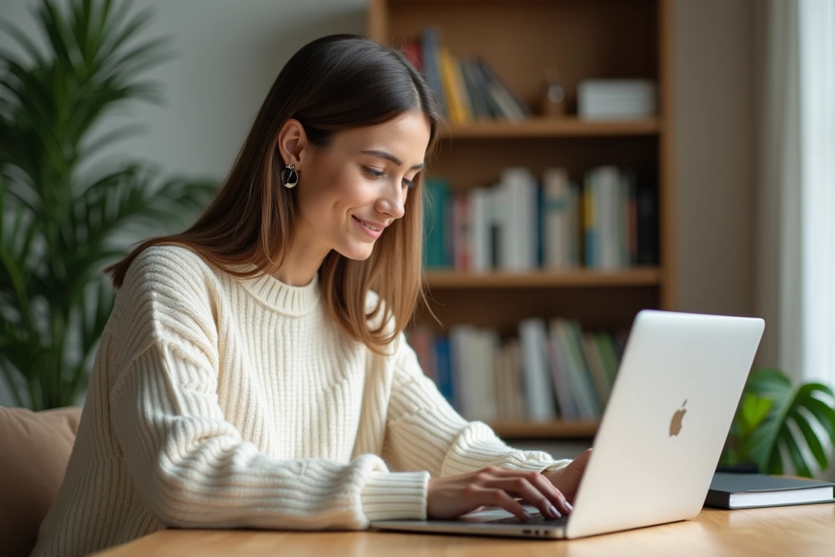 Jeune femme concentrée travaillant sur son ordinateur à la maison