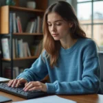 Jeune femme concentrée tapant sur un clavier dans un bureau à domicile