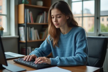 Jeune femme concentrée tapant sur un clavier dans un bureau à domicile