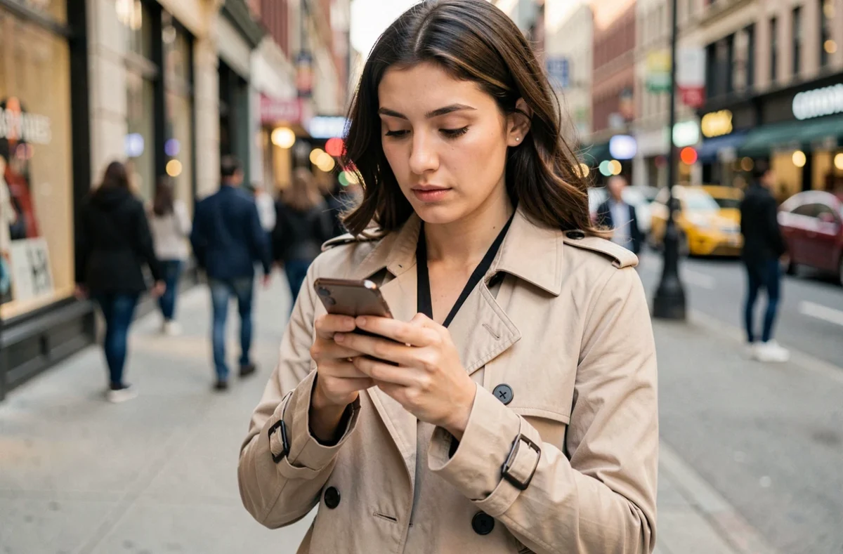 Jeune femme tenant un smartphone compact dans une rue urbaine animée, illustrant l'usage quotidien d'un iPhone SE abordable en 2026