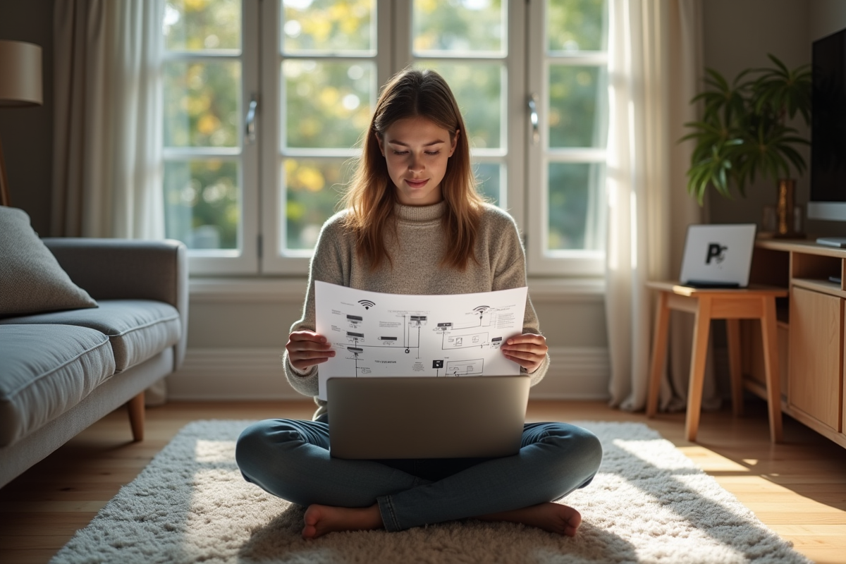 Jeune femme travaillant sur un ordinateur portable avec un diagramme réseau chez elle