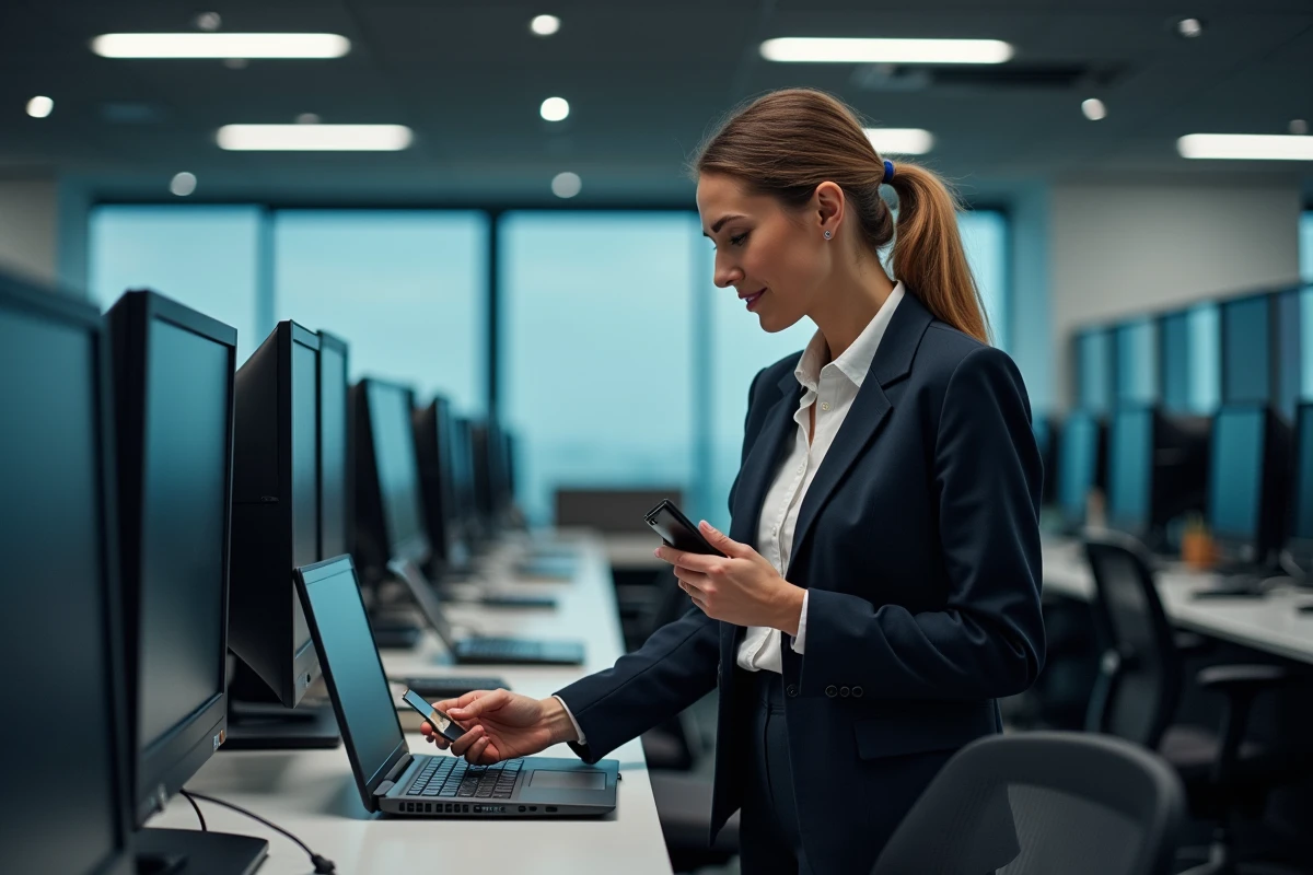 Femme vérifie un ordinateur avec une clé USB dans un bureau professionnel