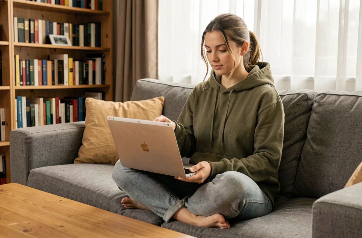 Jeune femme fermant une application Mac via la barre de menus sur MacBook Air dans un salon
