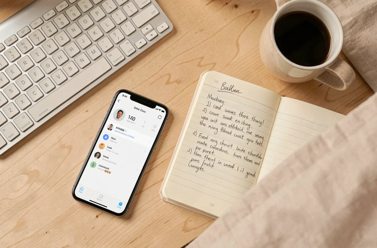 Vue aérienne d'un bureau avec smartphone affichant un compteur de caractères et cahier de brouillon pour réseaux sociaux